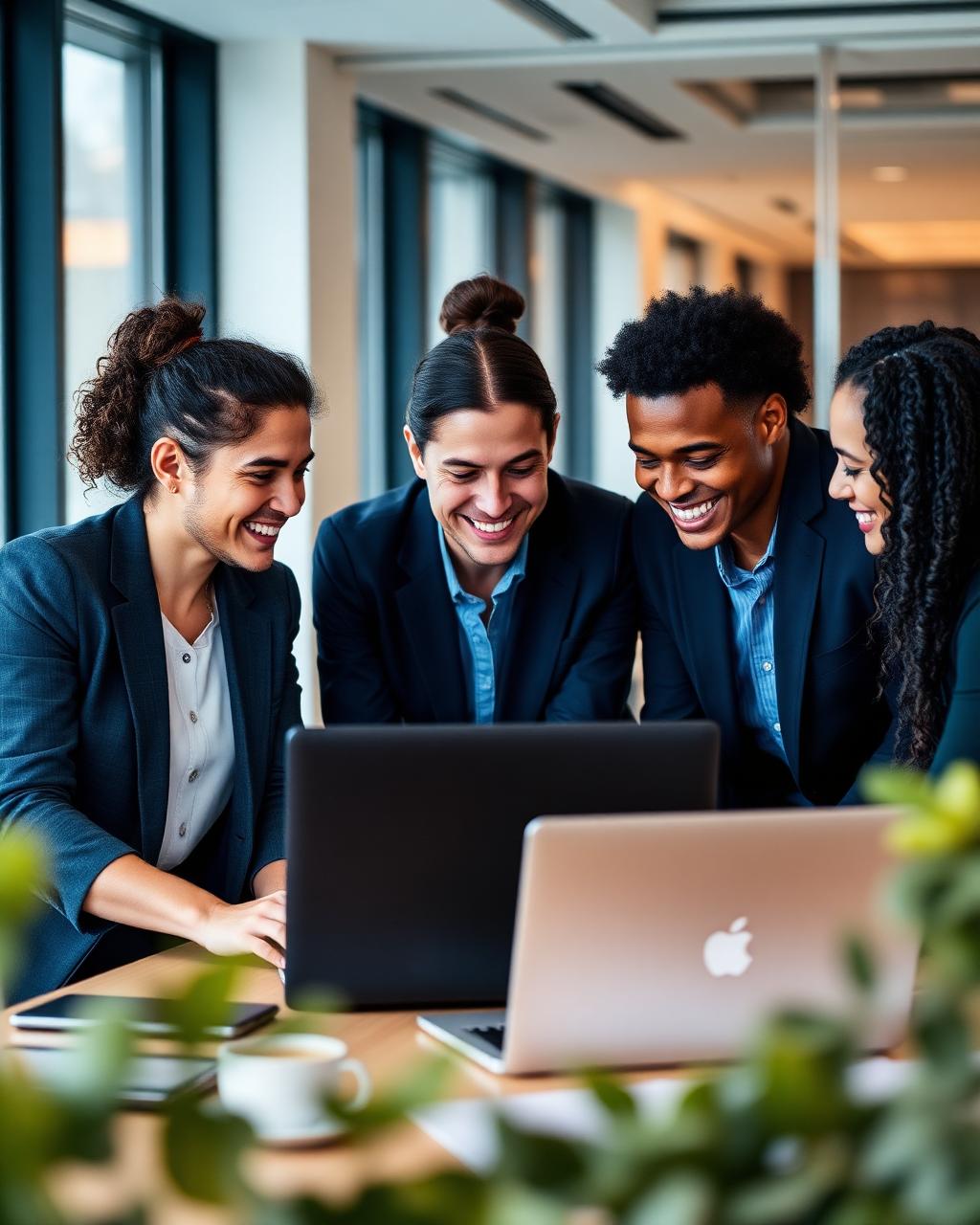 Diverse team collaborating around laptops in a modern office